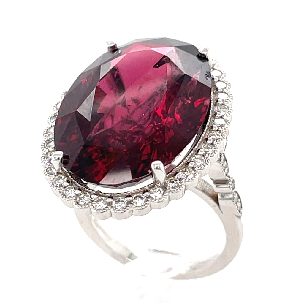 18k White Gold & 37.3ct Oval Garnet Ring w/ 0.75ct Diamond Halo, Size 7.
