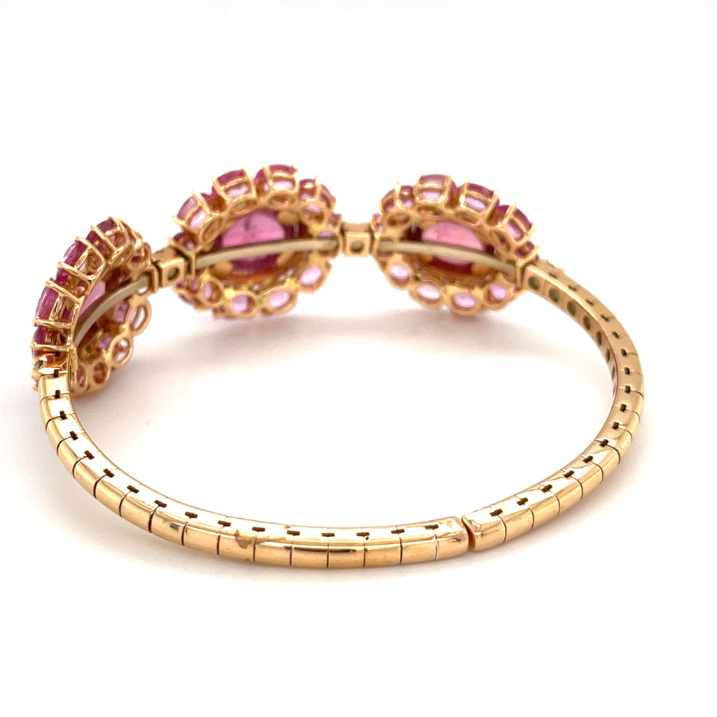 18k Rose Gold, Pink Tourmaline & 9ct Pink Sapphire Cuff Bracelet w/ 0.65ct Diamond, Size 6.25