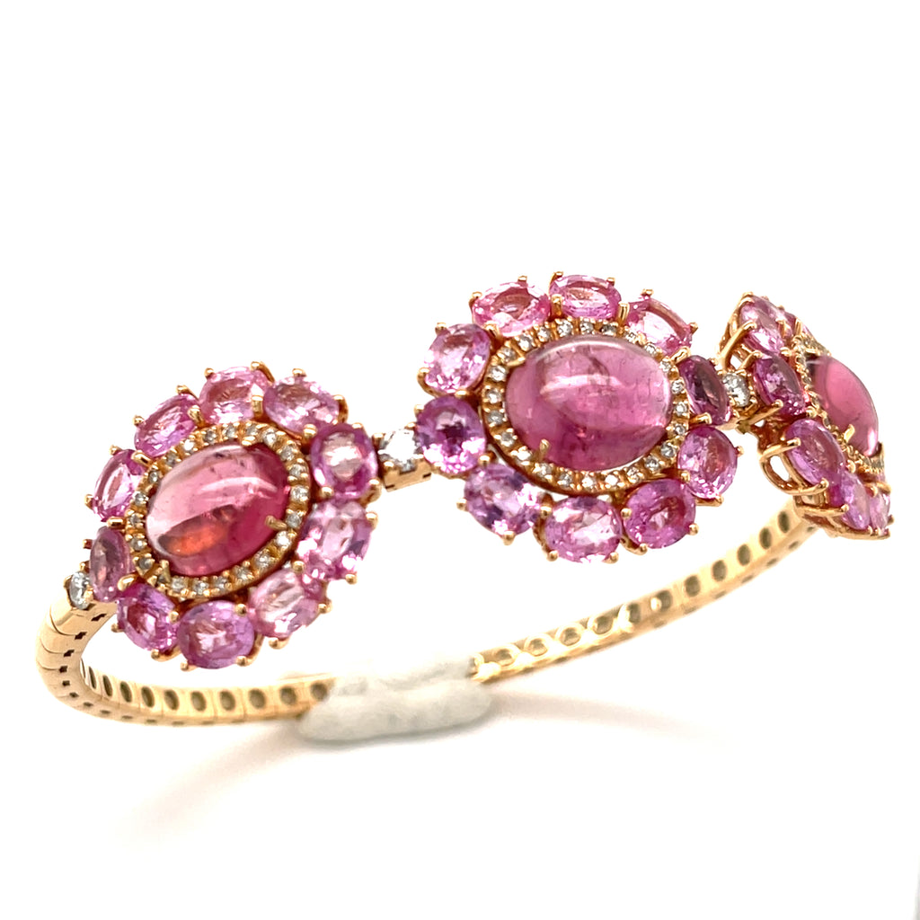 18k Rose Gold, Pink Tourmaline & 9ct Pink Sapphire Cuff Bracelet w/ 0.65ct Diamond, Size 6.25
