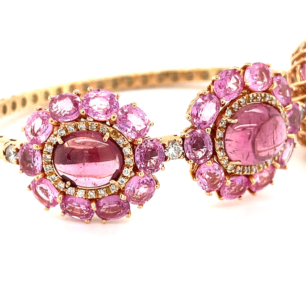 18k Rose Gold, Pink Tourmaline & 9ct Pink Sapphire Cuff Bracelet w/ 0.65ct Diamond, Size 6.25