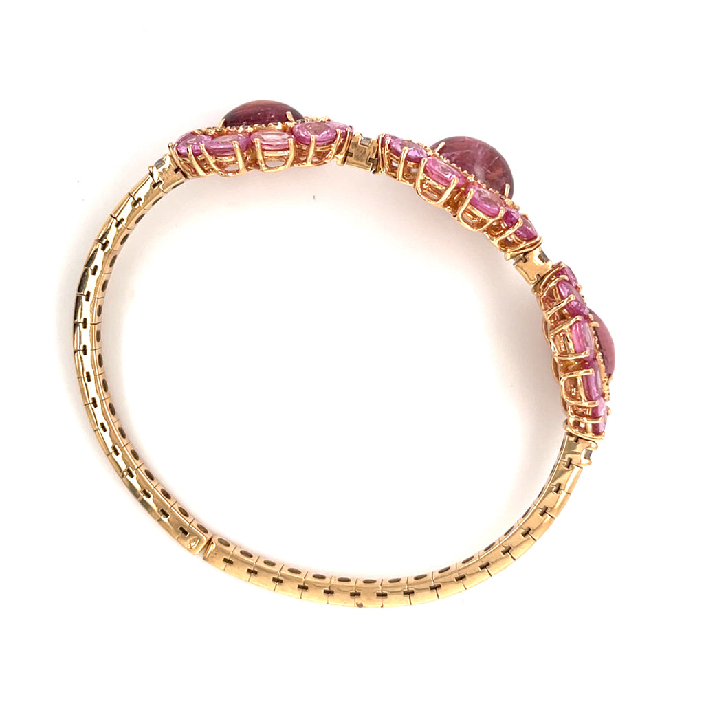 18k Rose Gold, Pink Tourmaline & 9ct Pink Sapphire Cuff Bracelet w/ 0.65ct Diamond, Size 6.25