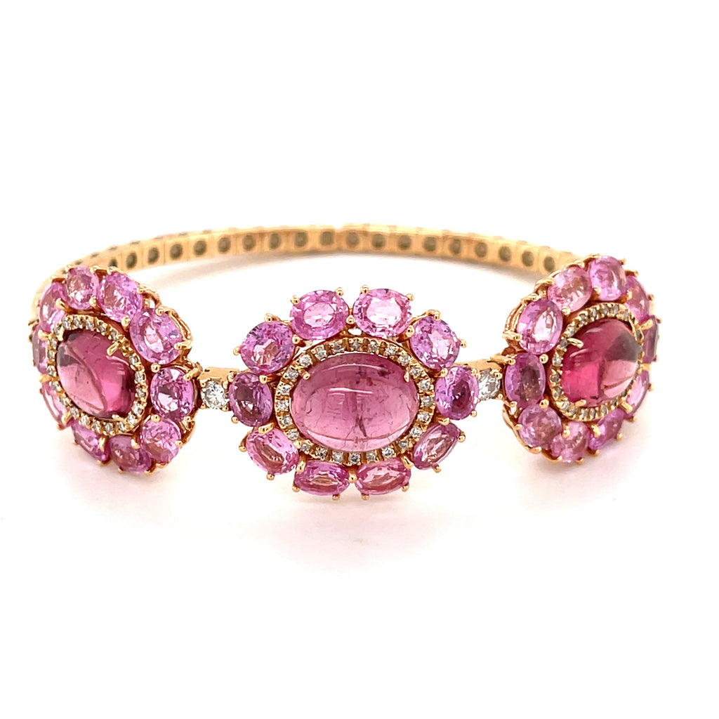 18k Rose Gold, Pink Tourmaline & 9ct Pink Sapphire Cuff Bracelet w/ 0.65ct Diamond, Size 6.25