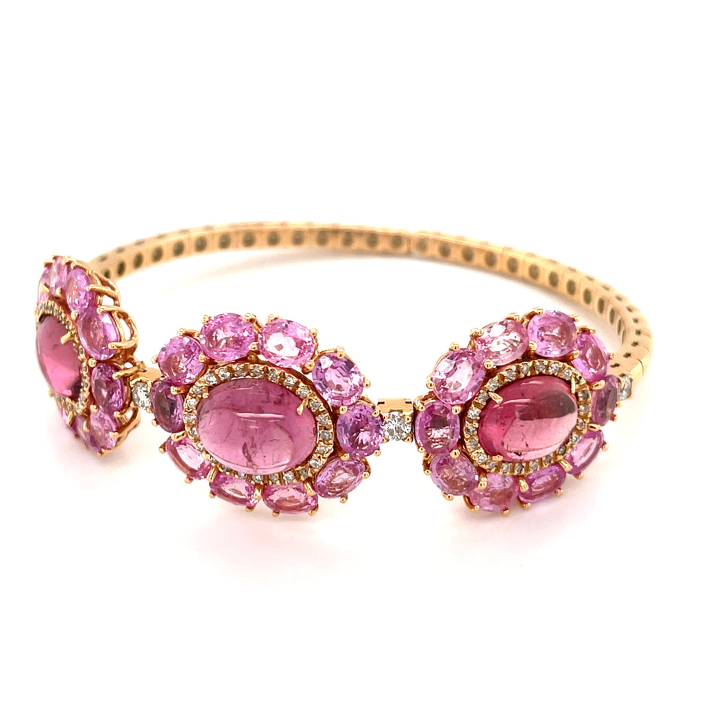 18k Rose Gold, Pink Tourmaline & 9ct Pink Sapphire Cuff Bracelet w/ 0.65ct Diamond, Size 6.25