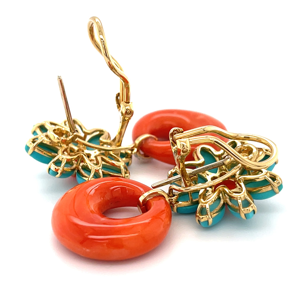 18k Yellow Gold, Turquoise & Coral Flower Hoop Earrings w/ Diamond Accents, 1.5 inches.