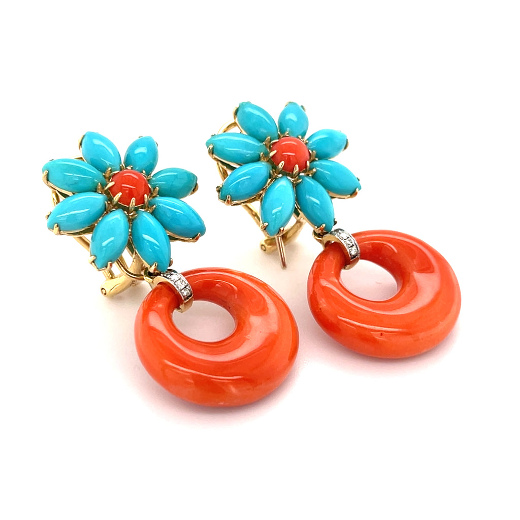 18k Yellow Gold, Turquoise & Coral Flower Hoop Earrings w/ Diamond Accents, 1.5 inches.