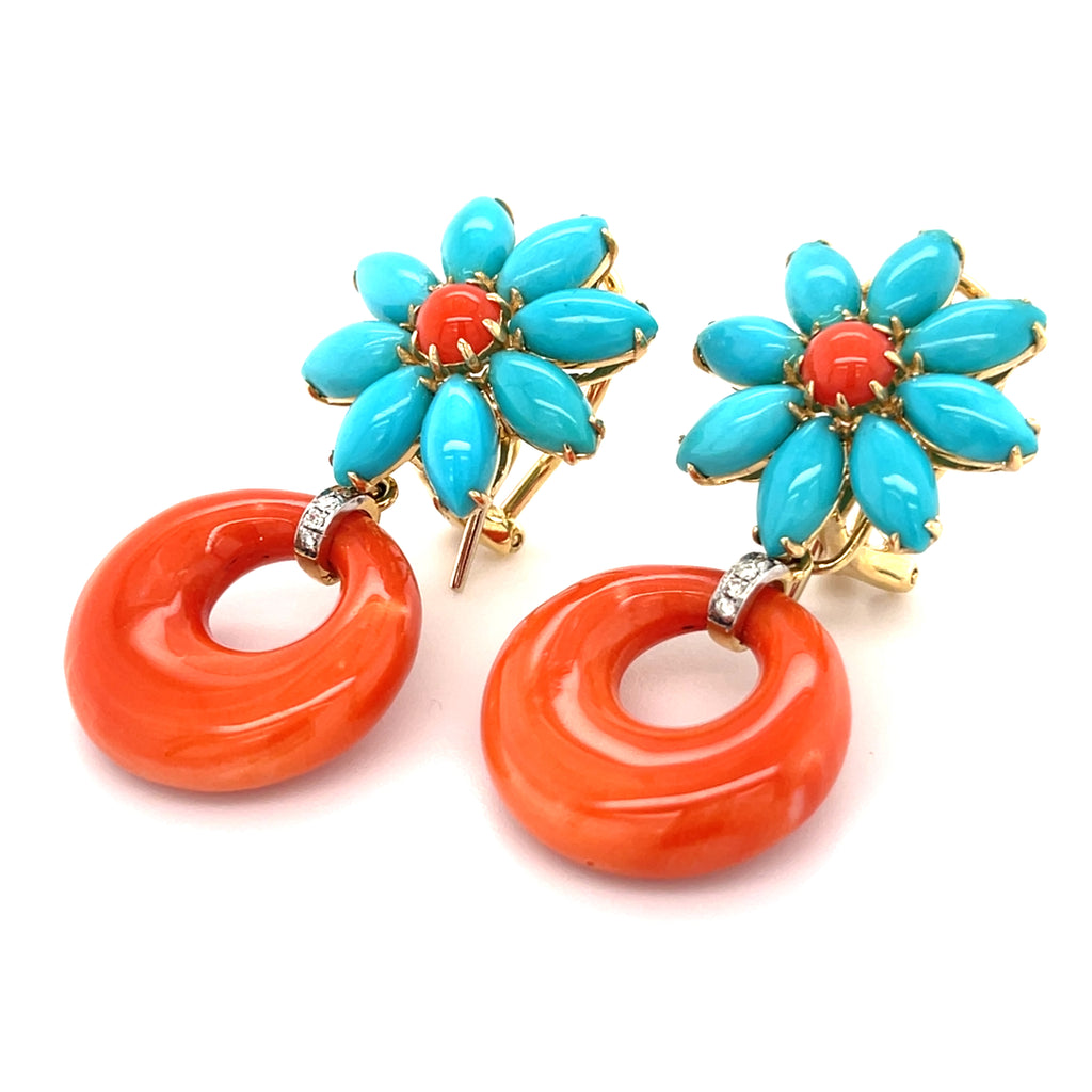 18k Yellow Gold, Turquoise & Coral Flower Hoop Earrings w/ Diamond Accents, 1.5 inches.