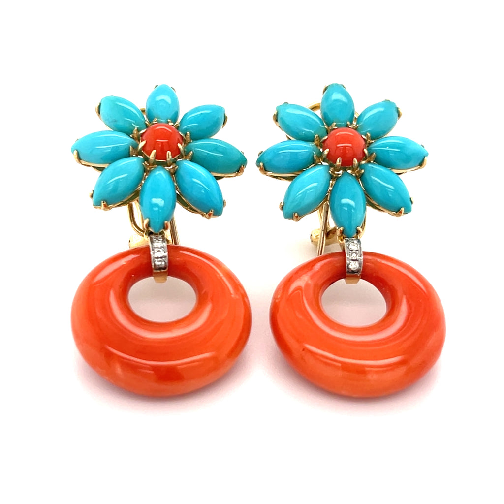 18k Yellow Gold, Turquoise & Coral Flower Hoop Earrings w/ Diamond Accents, 1.5 inches.