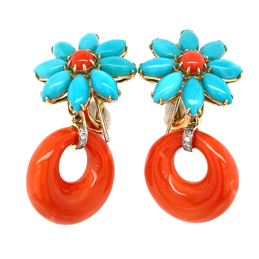18k Yellow Gold, Turquoise & Coral Flower Hoop Earrings w/ Diamond Accents, 1.5 inches.