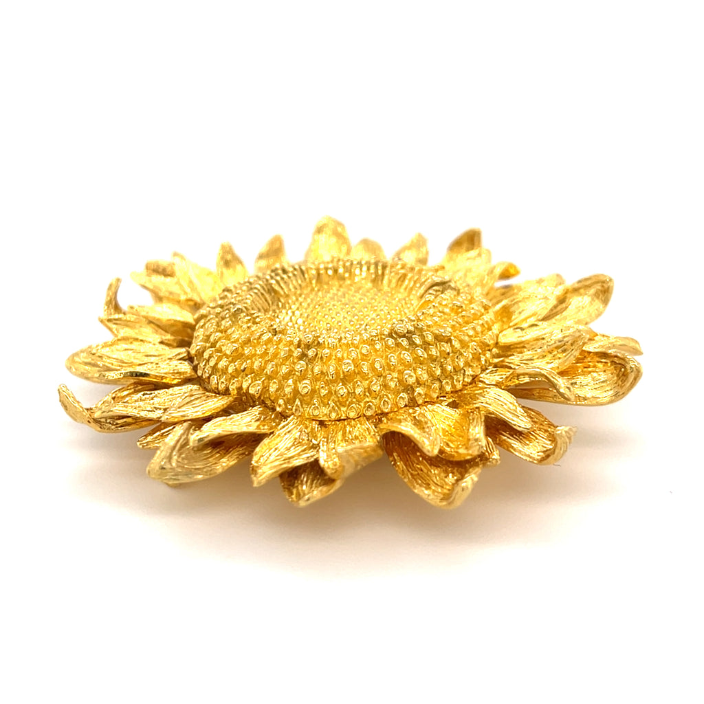 Asprey 18k Gold Sunflower Brooch & 18k Gold Sunflower Ear Clips, Jewelry Set.