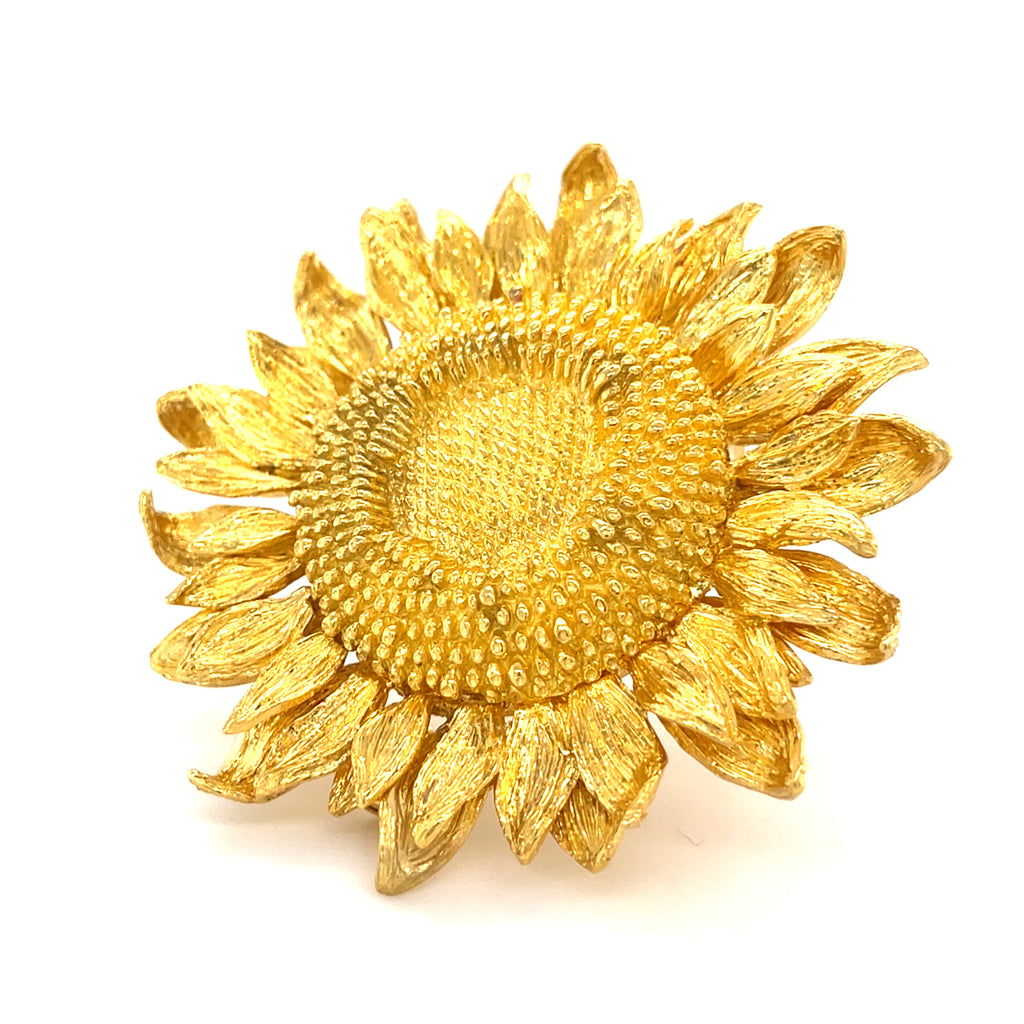 Asprey 18k Gold Sunflower Brooch & 18k Gold Sunflower Ear Clips, Jewelry Set.
