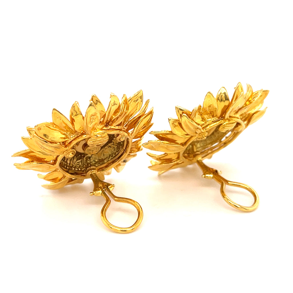 Asprey 18k Gold Sunflower Brooch & 18k Gold Sunflower Ear Clips, Jewelry Set.