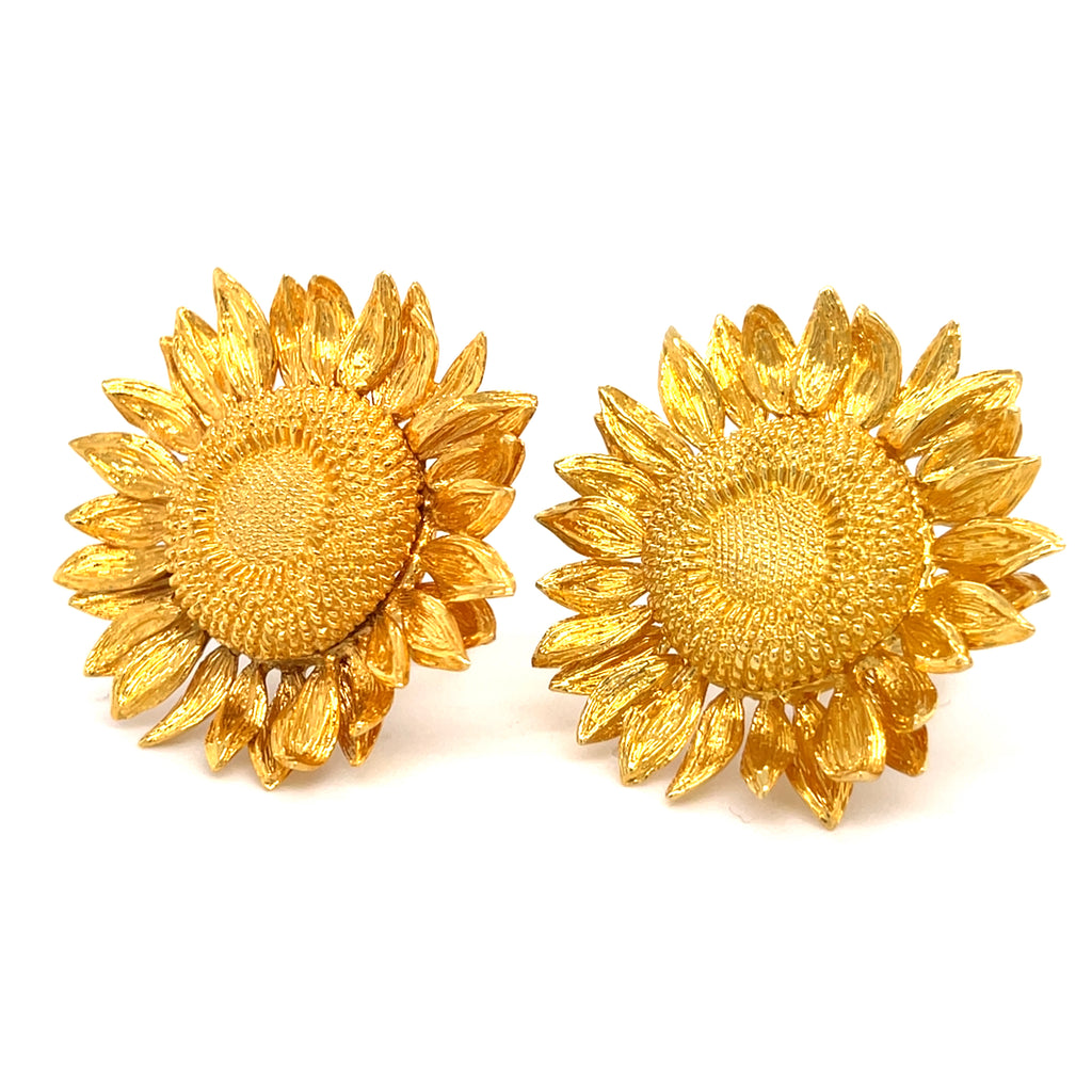 Asprey 18k Gold Sunflower Brooch & 18k Gold Sunflower Ear Clips, Jewelry Set.