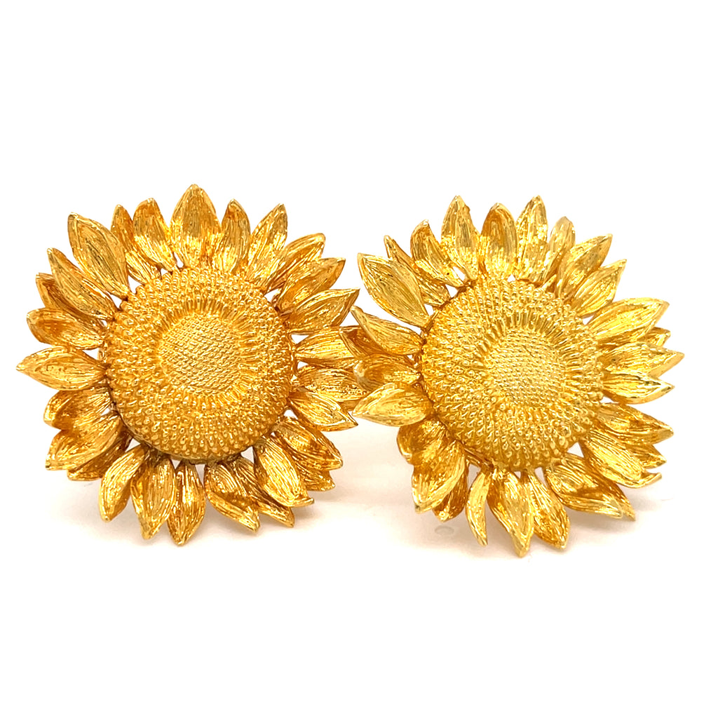 Asprey 18k Gold Sunflower Brooch & 18k Gold Sunflower Ear Clips, Jewelry Set.