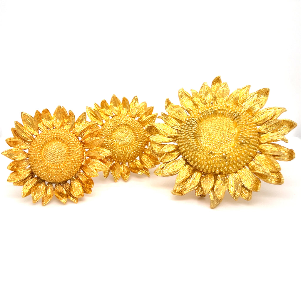 Asprey 18k Gold Sunflower Brooch & 18k Gold Sunflower Ear Clips, Jewelry Set.