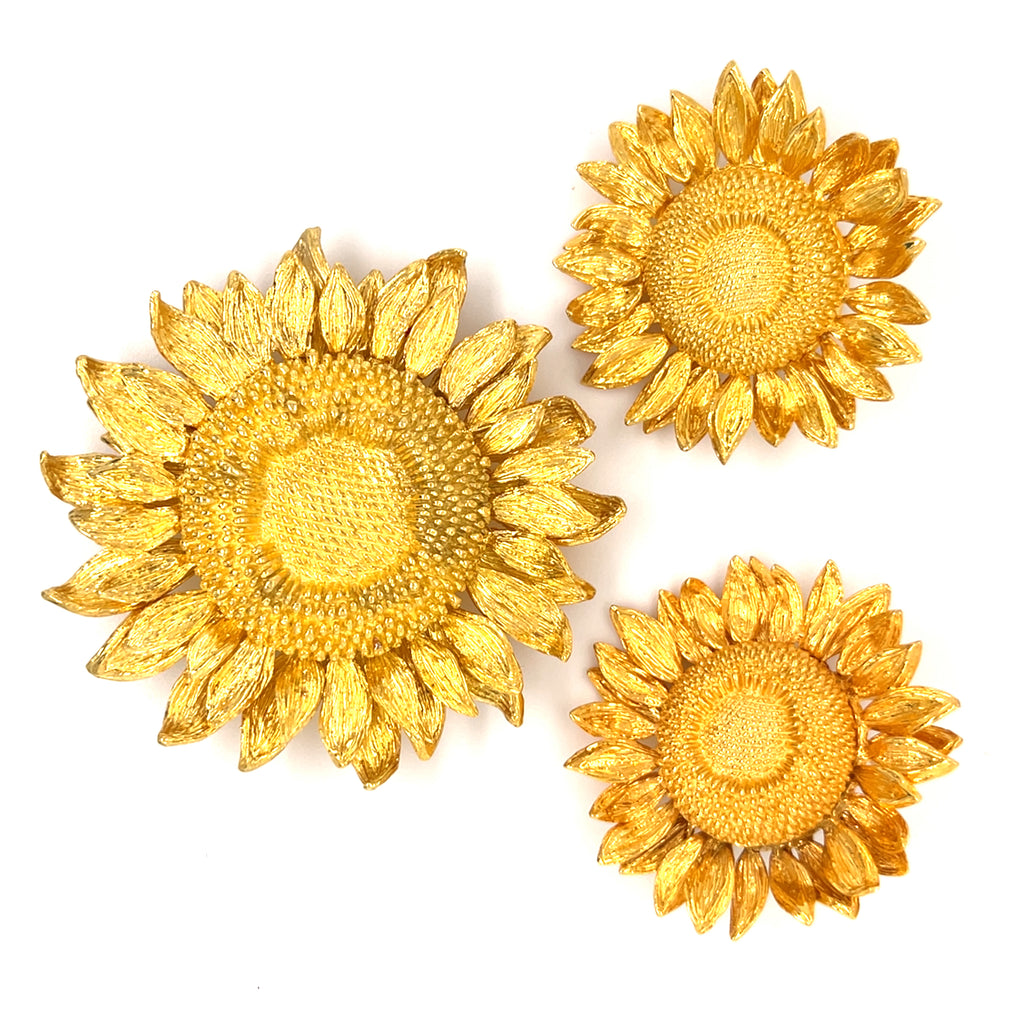 Asprey 18k Gold Sunflower Brooch & 18k Gold Sunflower Ear Clips, Jewelry Set.