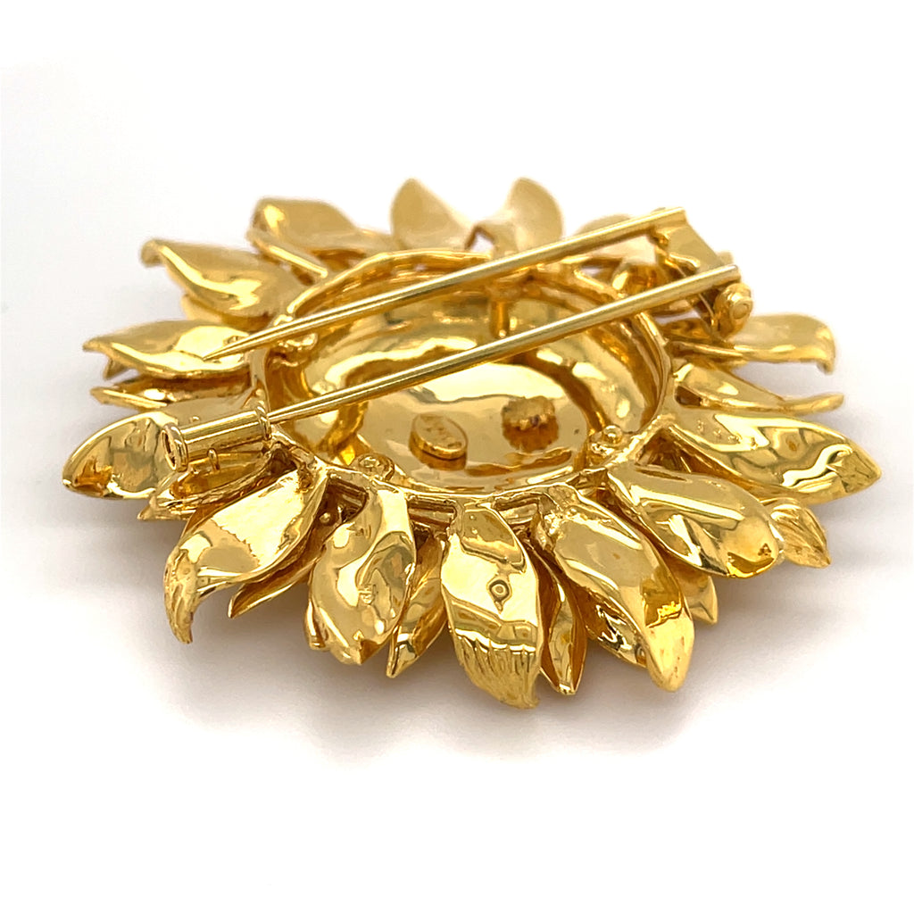 Asprey 18k Gold Sunflower Brooch & 18k Gold Sunflower Ear Clips, Jewelry Set.