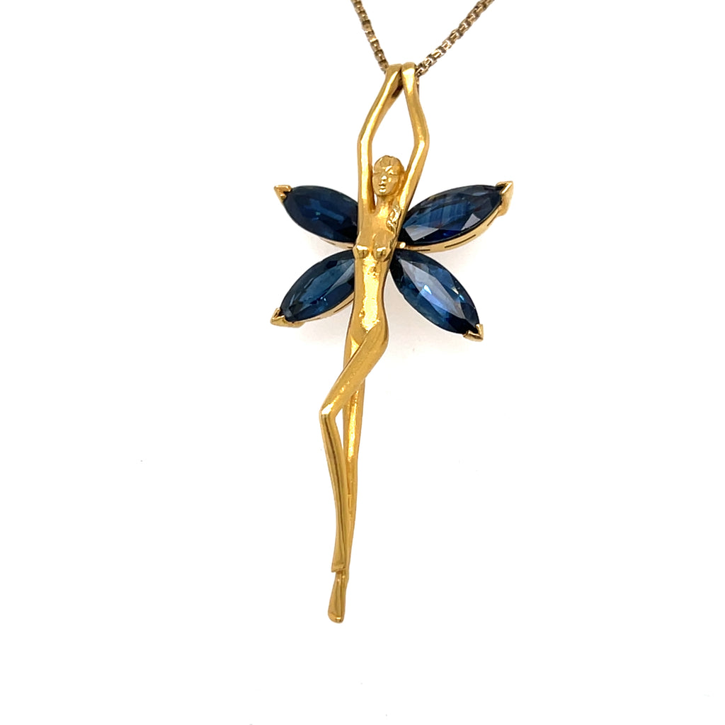 Carrera y Carrera 18k Gold 3.5ct Sapphire Fairy Pendant, 26 inch 14k Chain