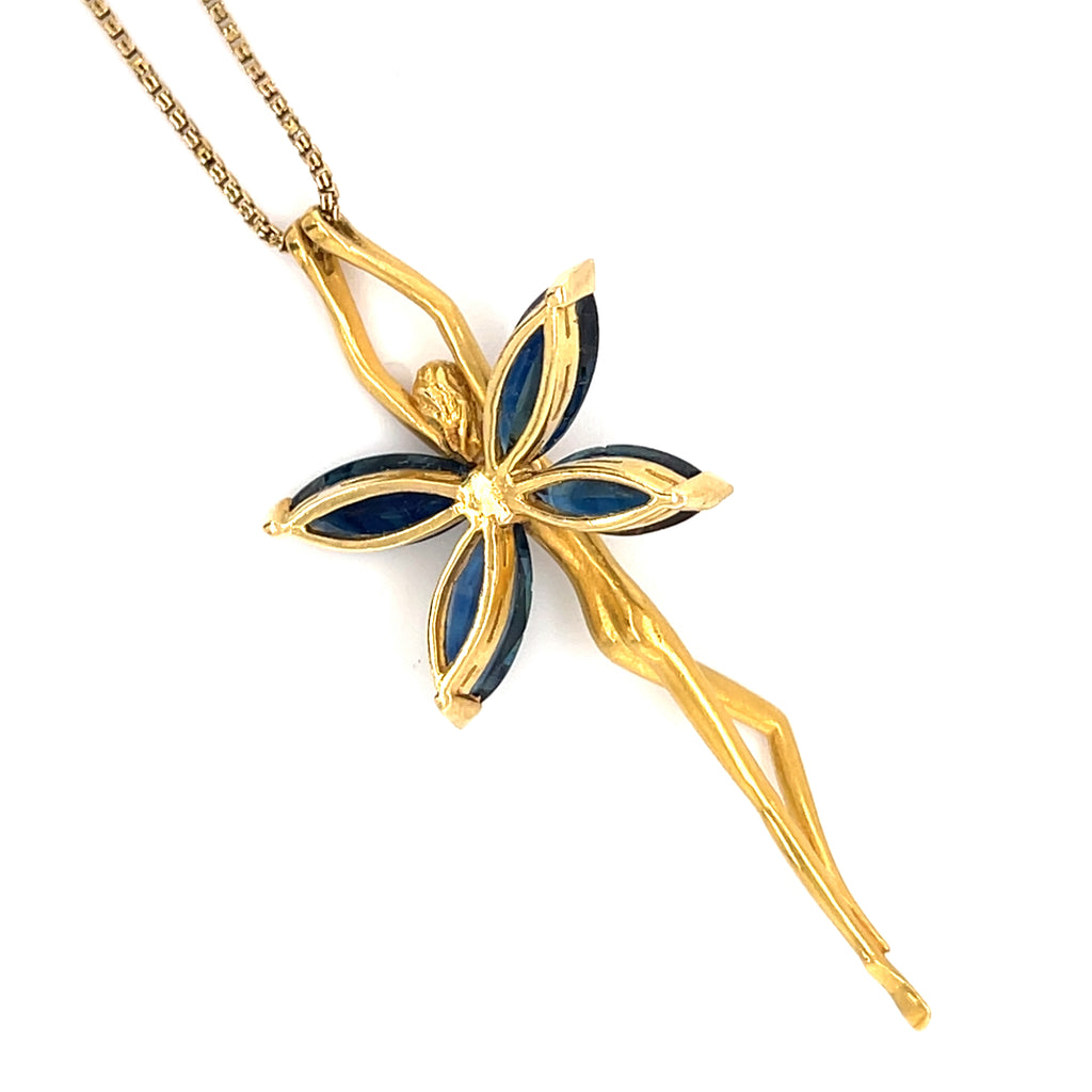 Carrera y Carrera 18k Gold 3.5ct Sapphire Fairy Pendant, 26 inch 14k Chain