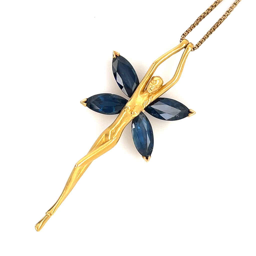Carrera y Carrera 18k Gold 3.5ct Sapphire Fairy Pendant, 26 inch 14k Chain