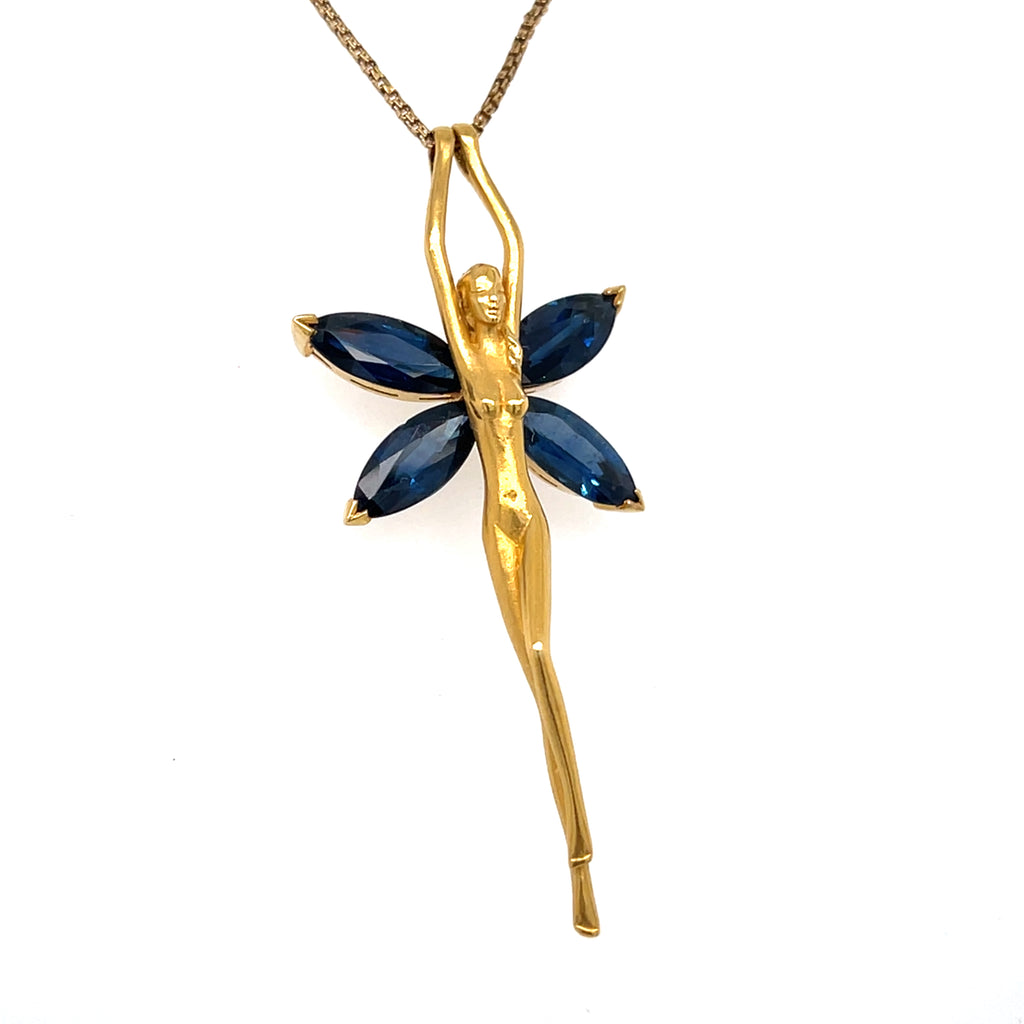 Carrera y Carrera 18k Gold 3.5ct Sapphire Fairy Pendant, 26 inch 14k Chain