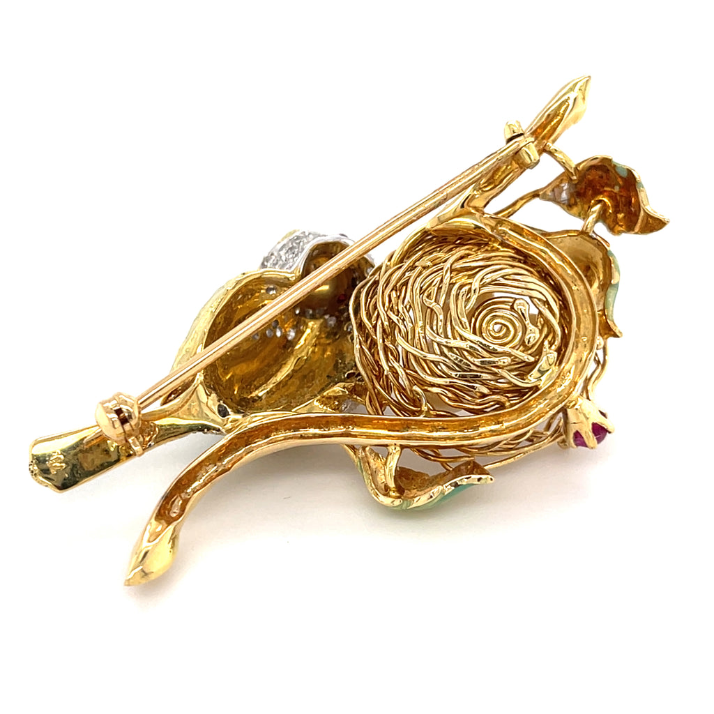 18k Gold, Enamel, Cultured Pearl, 0.75ct Diamond & Ruby Cabochon Bird Brooch 21g