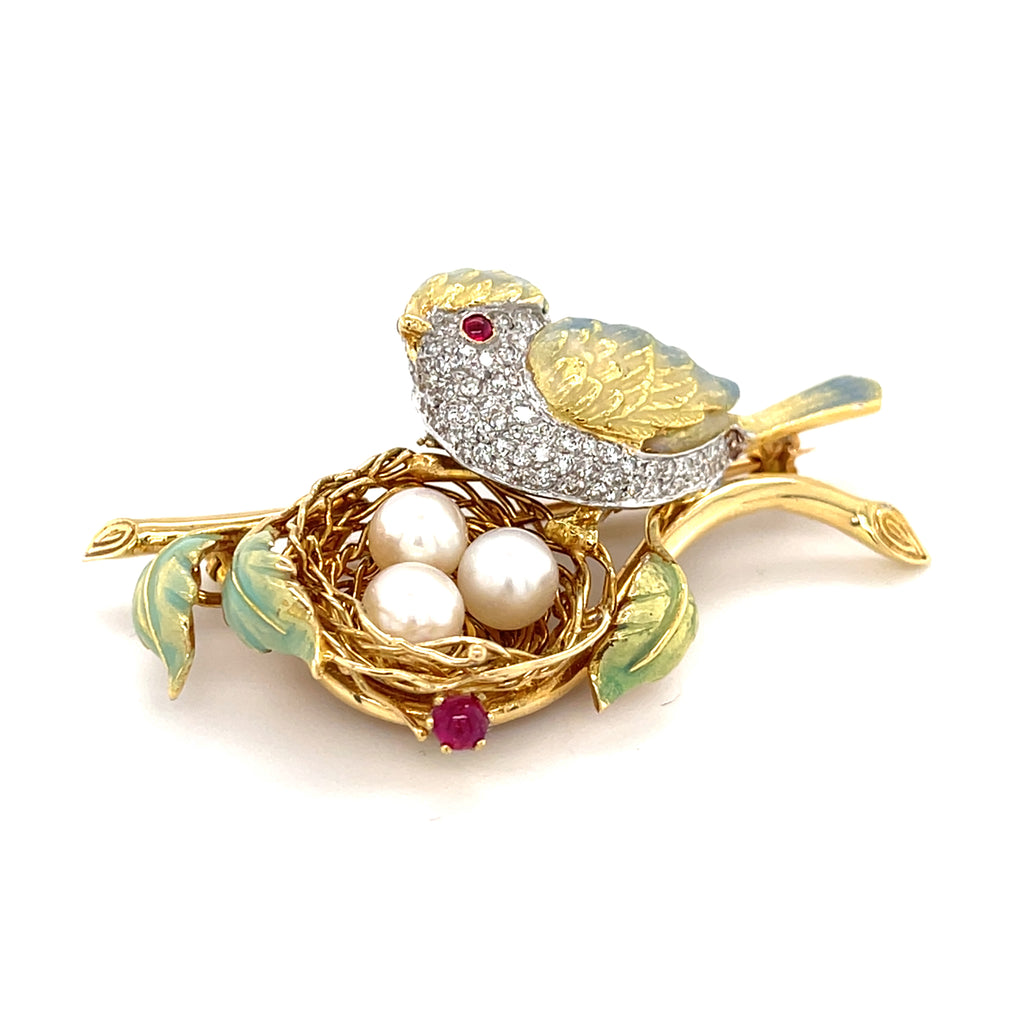 18k Gold, Enamel, Cultured Pearl, 0.75ct Diamond & Ruby Cabochon Bird Brooch 21g