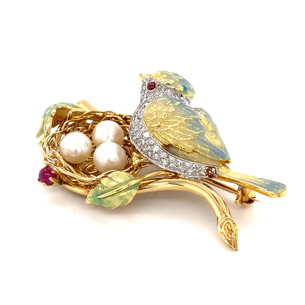 18k Gold, Enamel, Cultured Pearl, 0.75ct Diamond & Ruby Cabochon Bird Brooch 21g