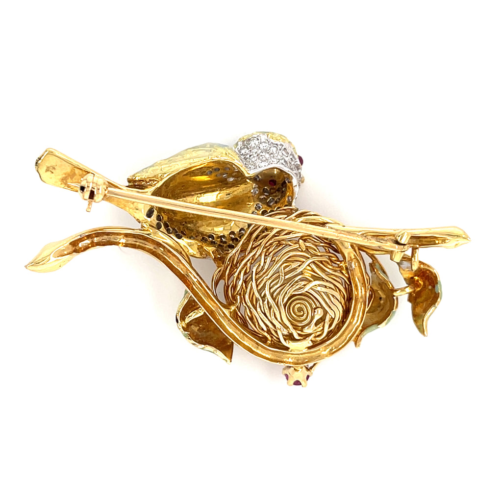 18k Gold, Enamel, Cultured Pearl, 0.75ct Diamond & Ruby Cabochon Bird Brooch 21g