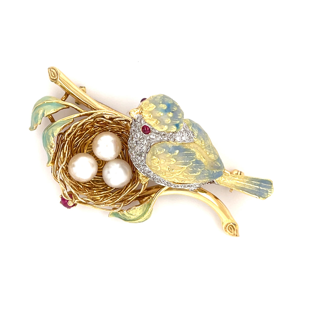 18k Gold, Enamel, Cultured Pearl, 0.75ct Diamond & Ruby Cabochon Bird Brooch 21g