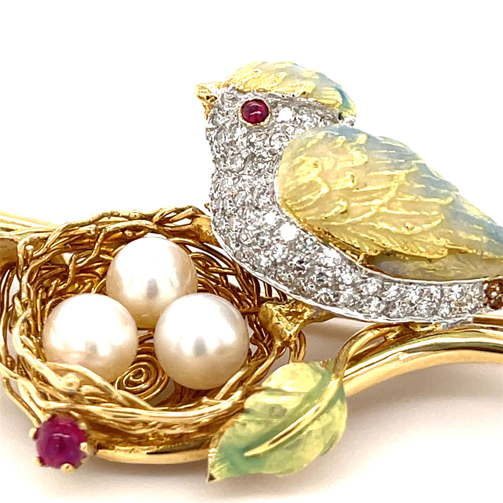 18k Gold, Enamel, Cultured Pearl, 0.75ct Diamond & Ruby Cabochon Bird Brooch 21g