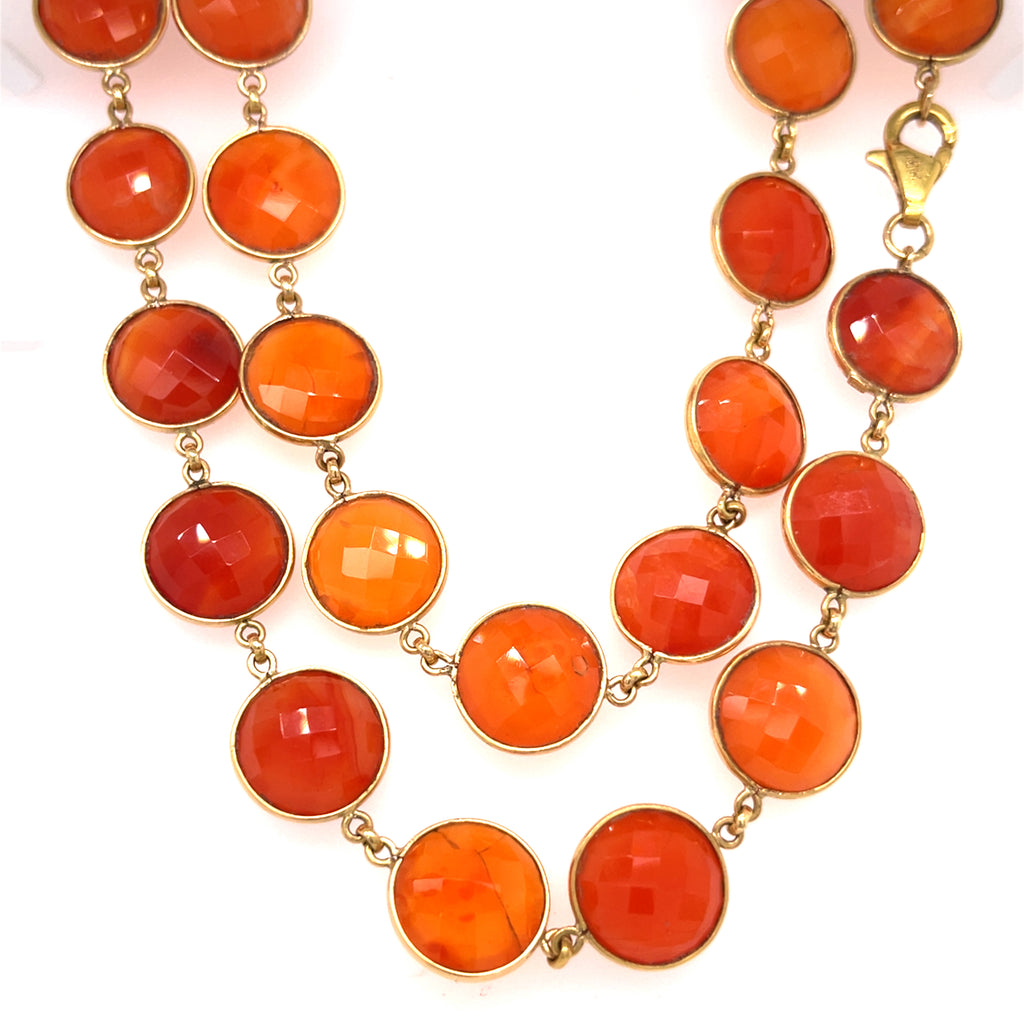 18k Gold Round-Shaped Faceted Carnelian Necklace 34" 78.6 grams