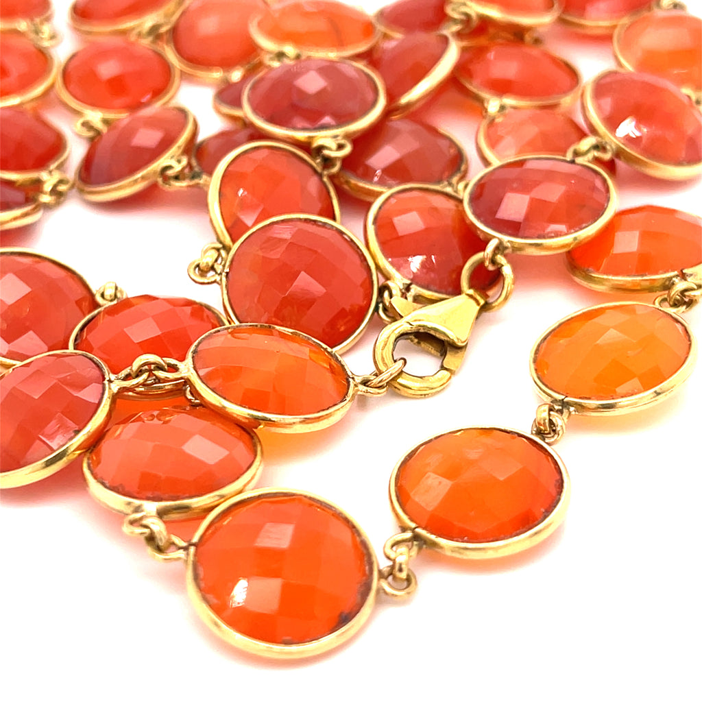 18k Gold Round-Shaped Faceted Carnelian Necklace 34" 78.6 grams