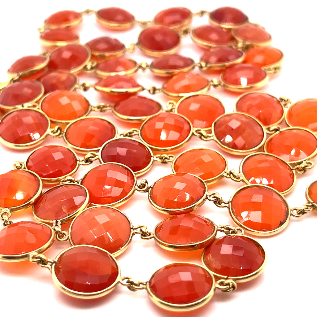 18k Gold Round-Shaped Faceted Carnelian Necklace 34" 78.6 grams