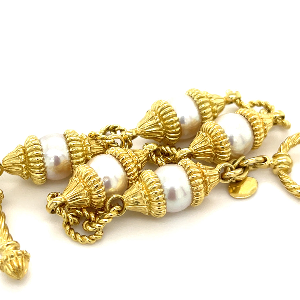 Cynthia Bach 18K Gold and Cultured Akoya Pearl Bracelet 8.75 inch Length 32.6 grams