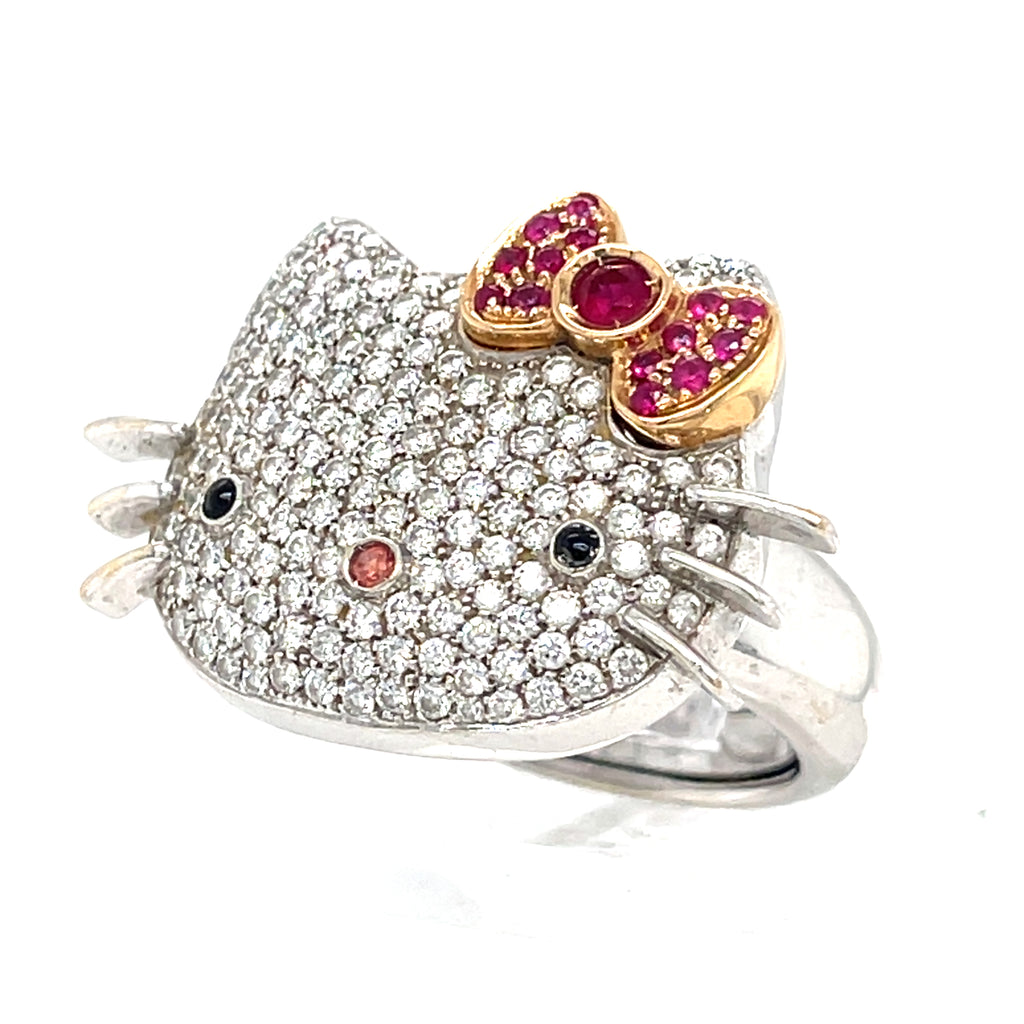 18k White Gold Happy Kitty Diamond and Ruby Ring Size: 7 14.2 grams