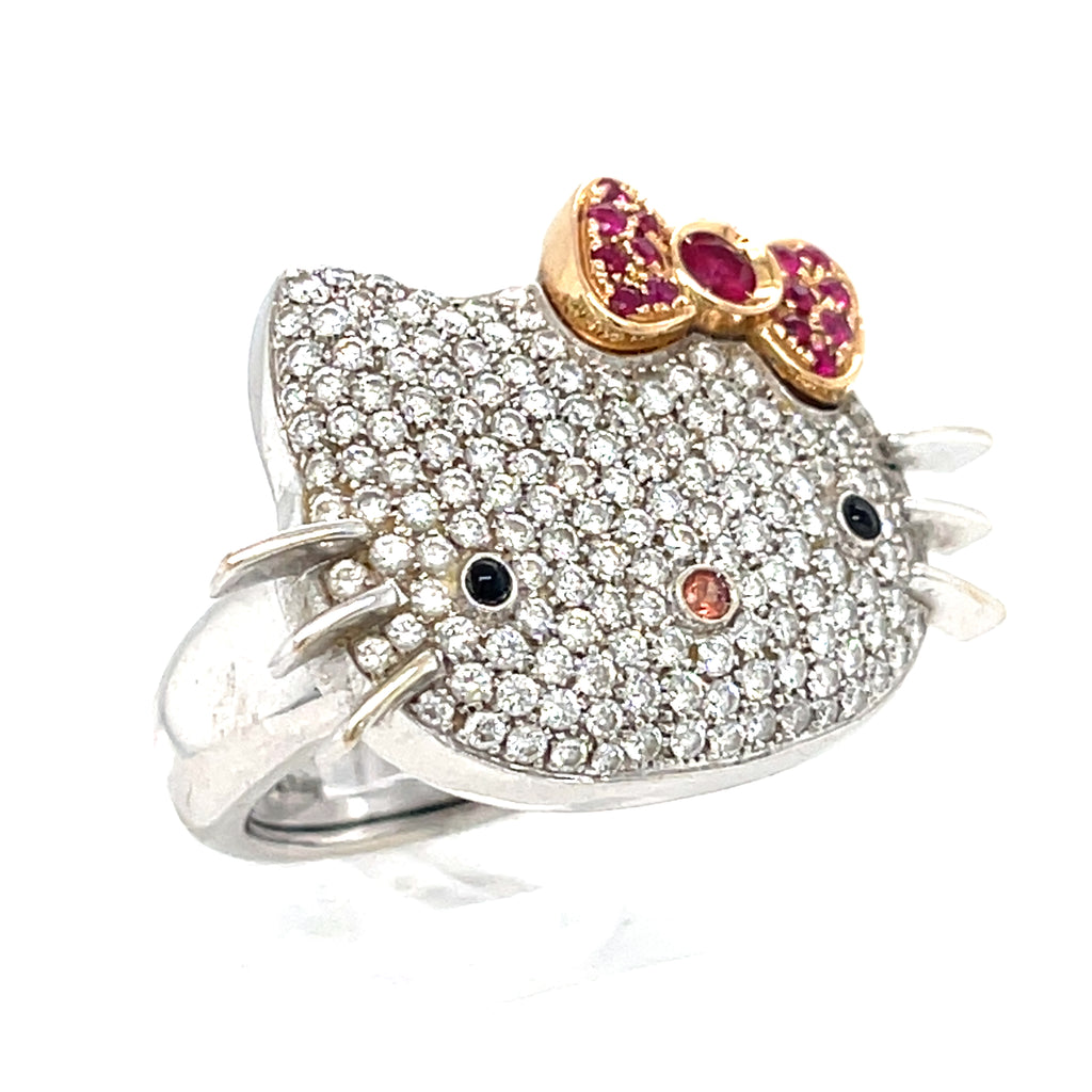 18k White Gold Happy Kitty Diamond and Ruby Ring Size: 7 14.2 grams
