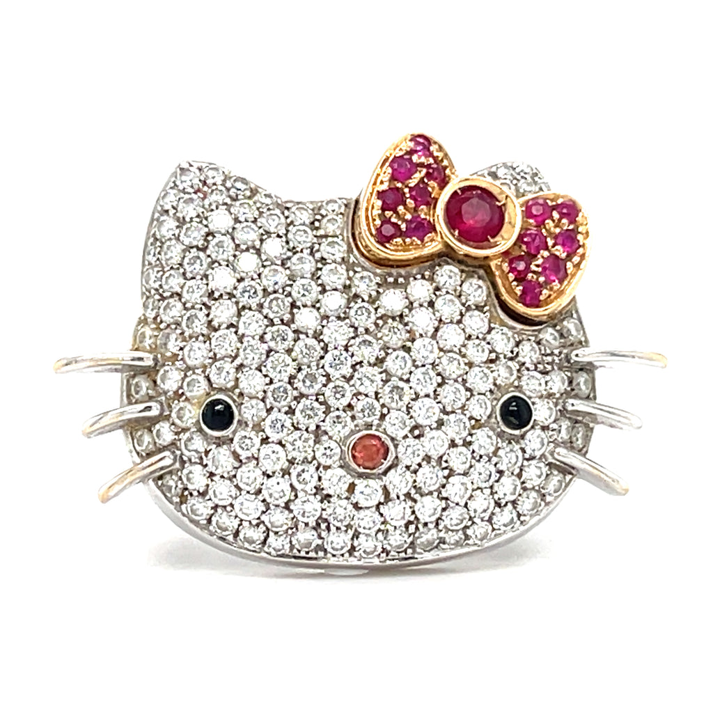18k White Gold Happy Kitty Diamond and Ruby Ring Size: 7 14.2 grams