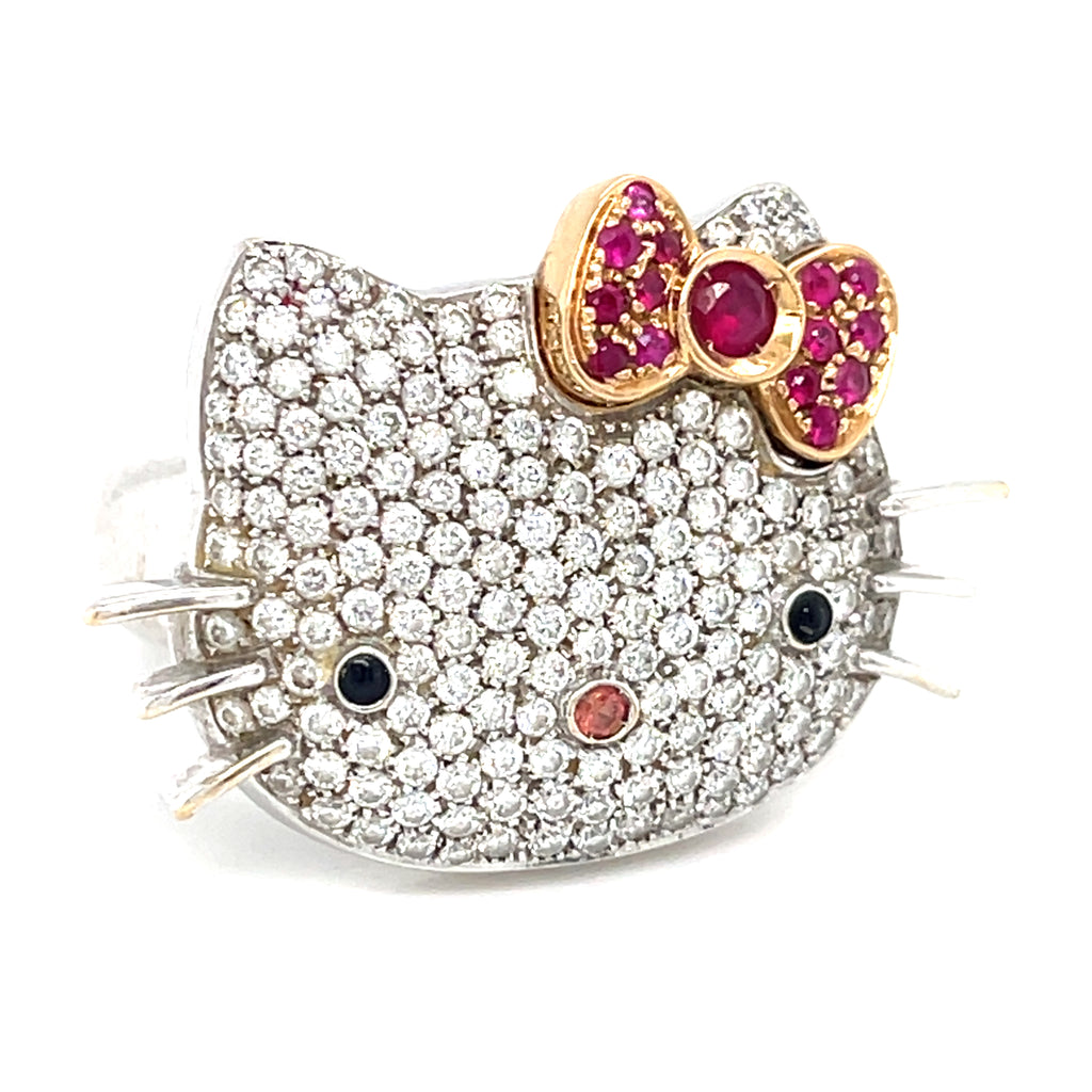 18k White Gold Happy Kitty Diamond and Ruby Ring Size: 7 14.2 grams