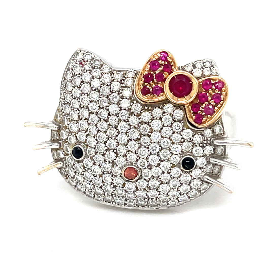 18k White Gold Happy Kitty Diamond and Ruby Ring Size: 7 14.2 grams