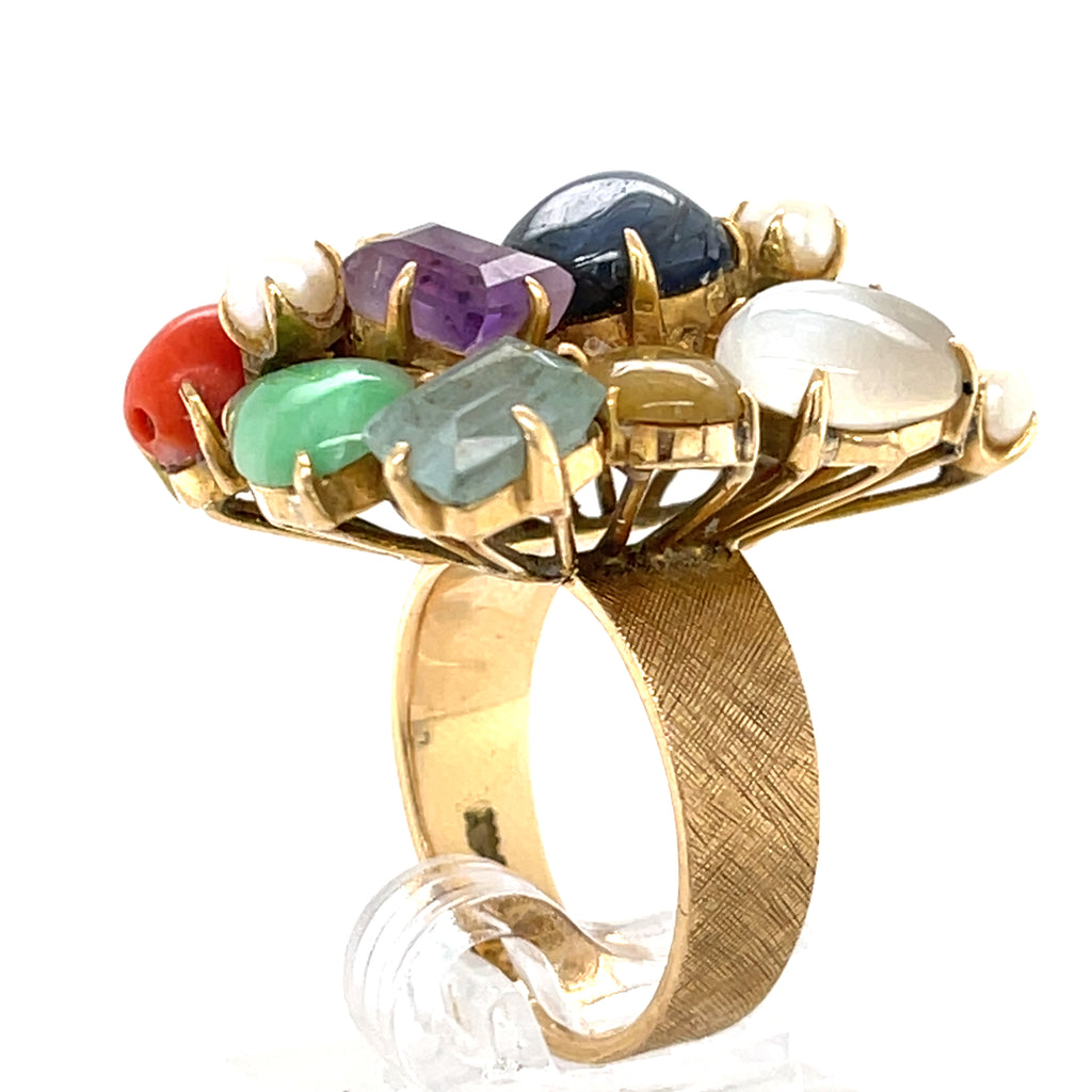 14k Yellow Gold Multi-Gem Cultured Pearl Plaque Ring Size 7.25 12.9 grams