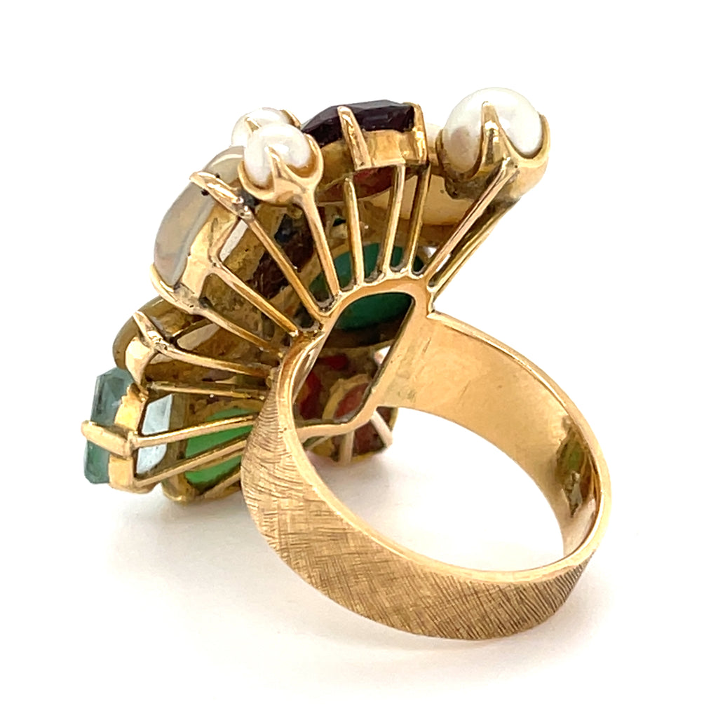14k Yellow Gold Multi-Gem Cultured Pearl Plaque Ring Size 7.25 12.9 grams