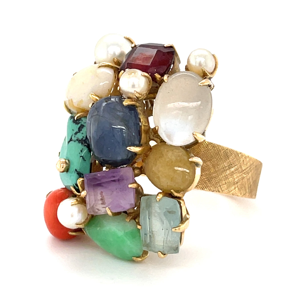 14k Yellow Gold Multi-Gem Cultured Pearl Plaque Ring Size 7.25 12.9 grams