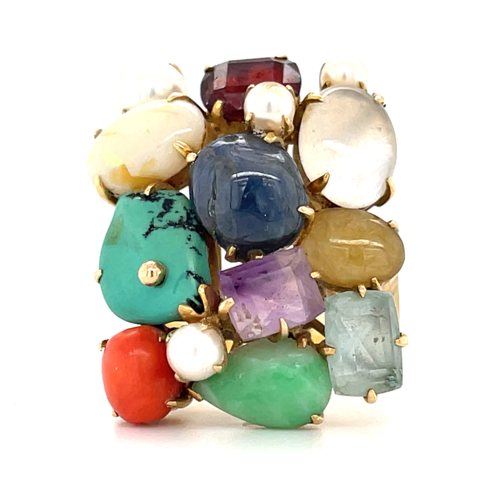 14k Yellow Gold Multi-Gem Cultured Pearl Plaque Ring Size 7.25 12.9 grams