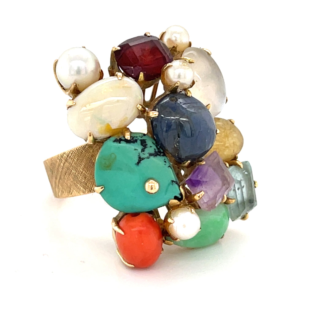 14k Yellow Gold Multi-Gem Cultured Pearl Plaque Ring Size 7.25 12.9 grams