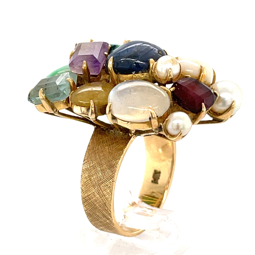 14k Yellow Gold Multi-Gem Cultured Pearl Plaque Ring Size 7.25 12.9 grams