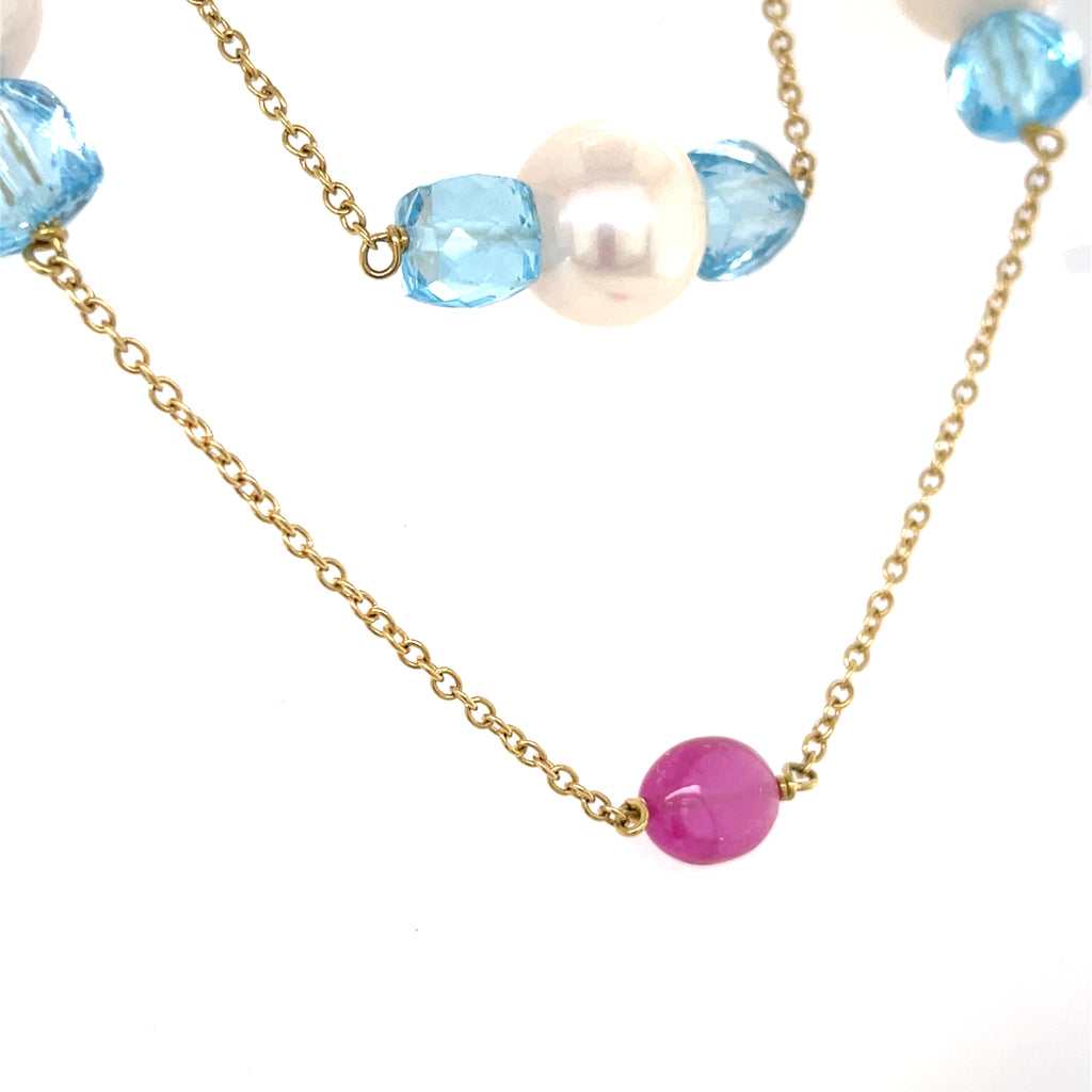 18k Yellow Gold Cultured Pearl and Multi-Gem Beaded Strand Necklace 40 inch 51.3 grams