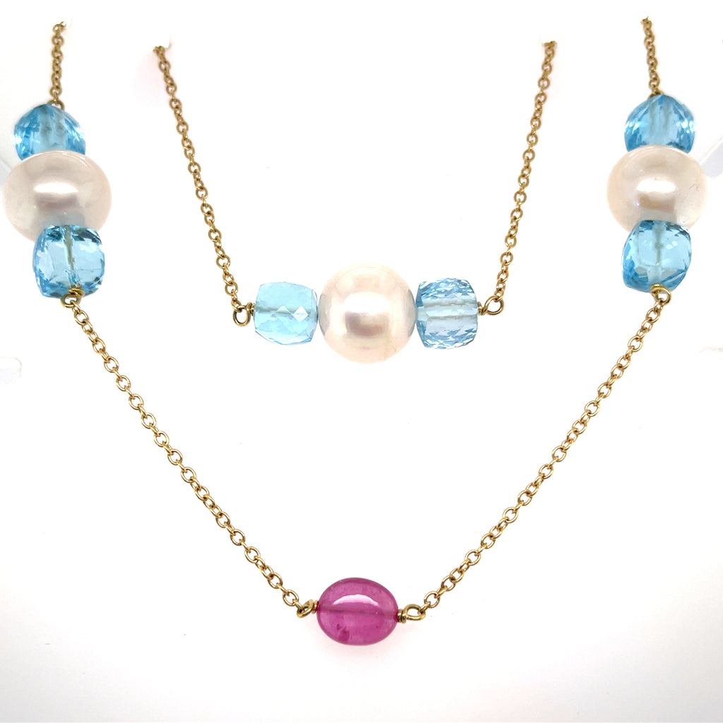 18k Yellow Gold Cultured Pearl and Multi-Gem Beaded Strand Necklace 40 inch 51.3 grams