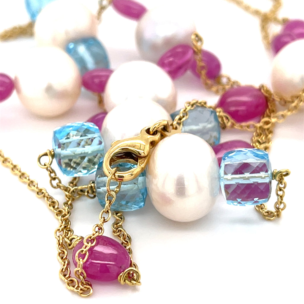 18k Yellow Gold Cultured Pearl and Multi-Gem Beaded Strand Necklace 40 inch 51.3 grams