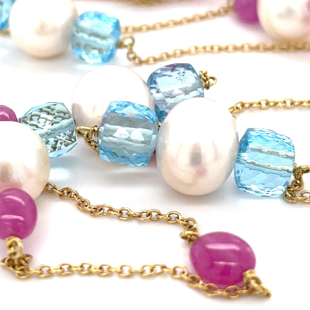 18k Yellow Gold Cultured Pearl and Multi-Gem Beaded Strand Necklace 40 inch 51.3 grams