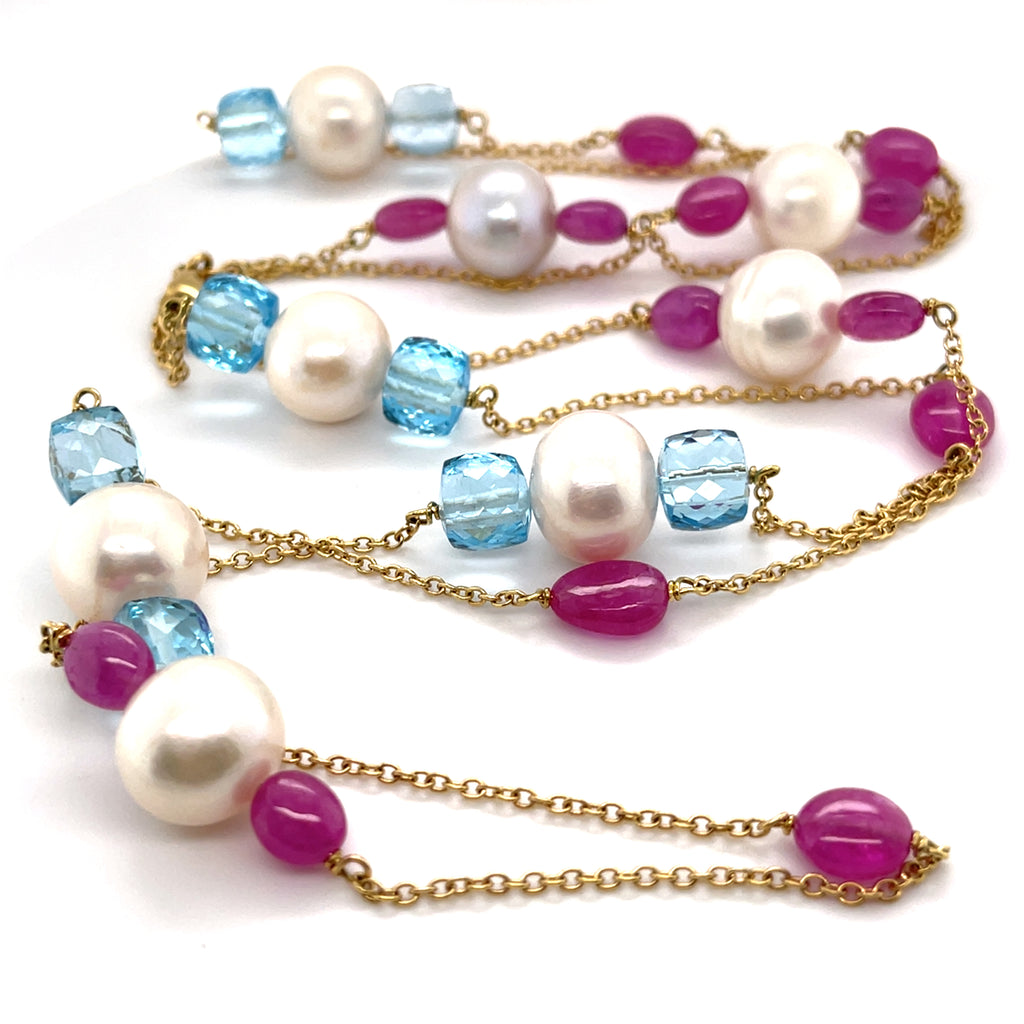 18k Yellow Gold Cultured Pearl and Multi-Gem Beaded Strand Necklace 40 inch 51.3 grams